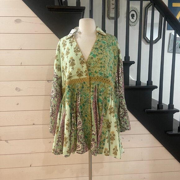 039 Free People Hazy Baby Boho Mini Dress Sweet Mint NWT Oversized Size XS - Picture 6 of 11